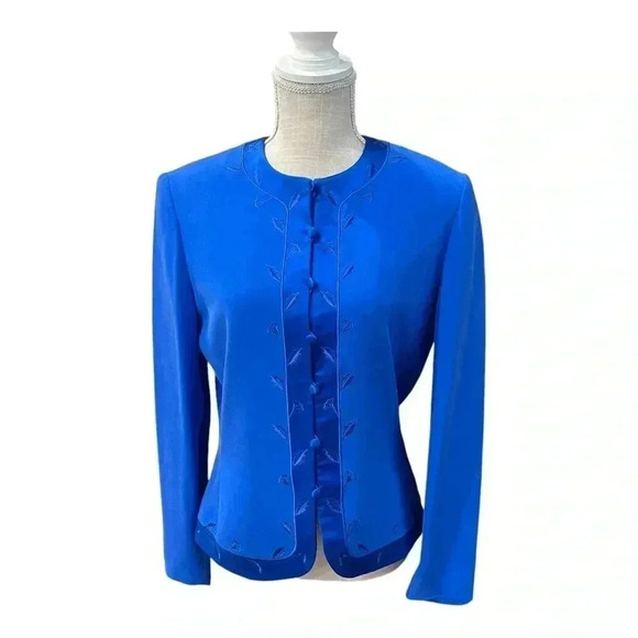 Adrianna Papell Blue 100% Silk Button Front Blazer Jacket Women’s size 8 - Picture 1 of 14